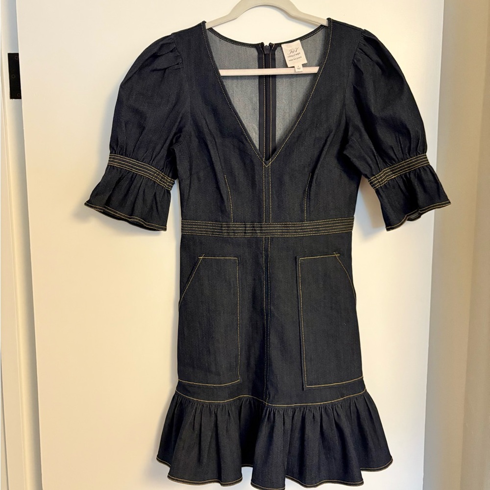 Cinq à Sept Dark Jean Dress with Gold Stitching